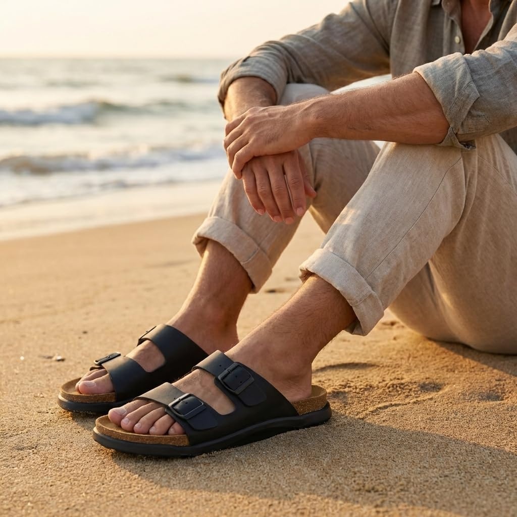 image:imageCUSHIONAIRE Mars Double Buckle Slide Sandals for Men with Cork FootbedBlack