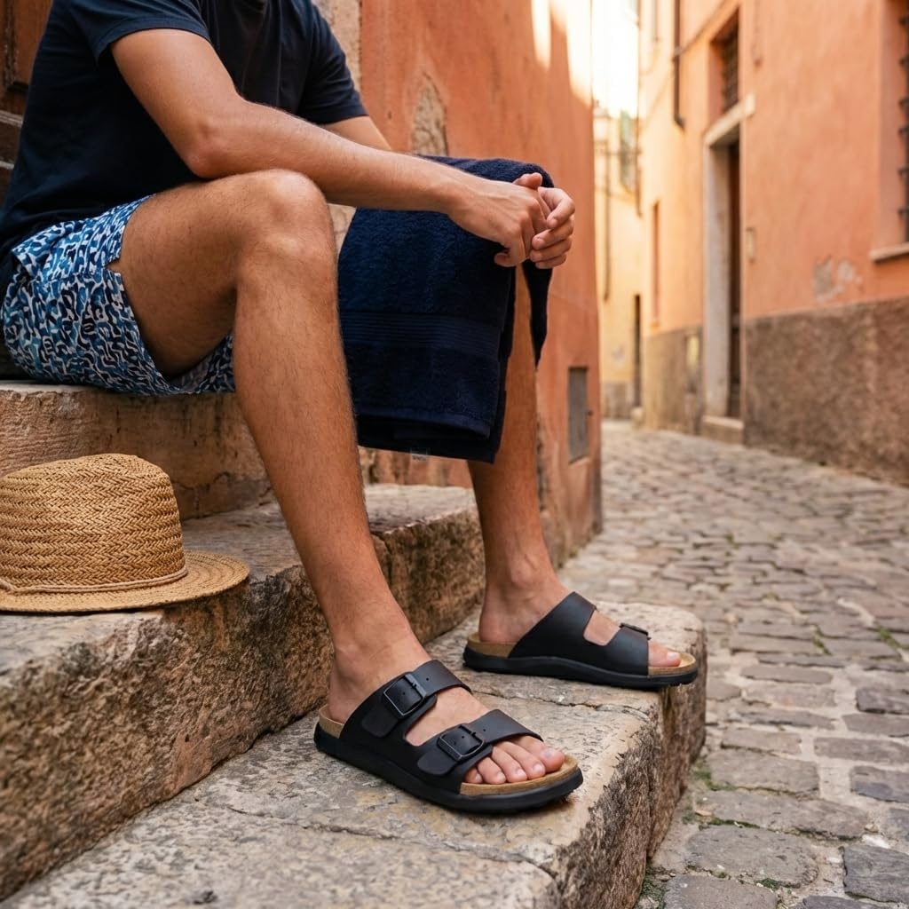 image:imageCUSHIONAIRE Mars Double Buckle Slide Sandals for Men with Cork FootbedBlack Nappa