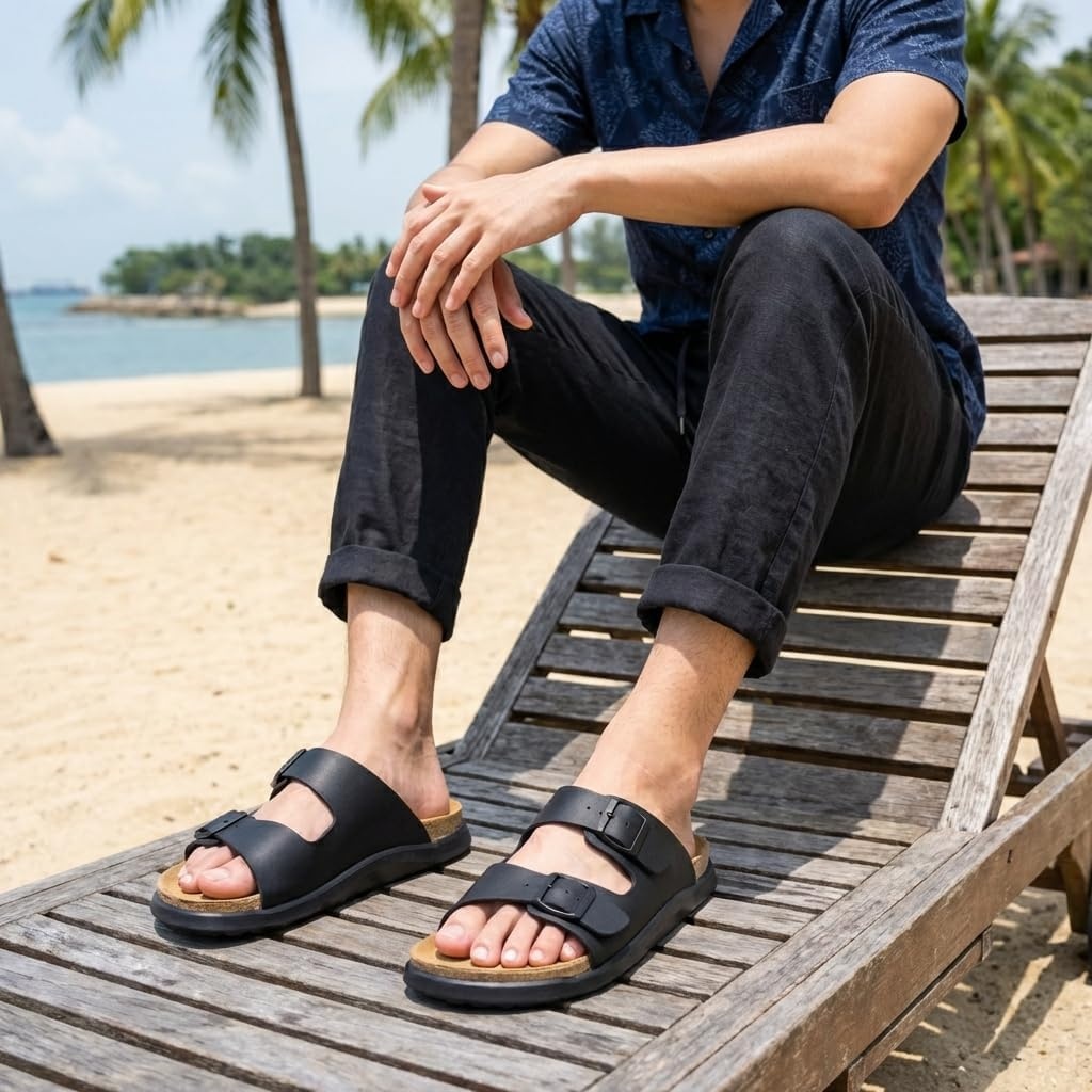 image:imageCUSHIONAIRE Mars Double Buckle Slide Sandals for Men with Cork FootbedBlack Nappa