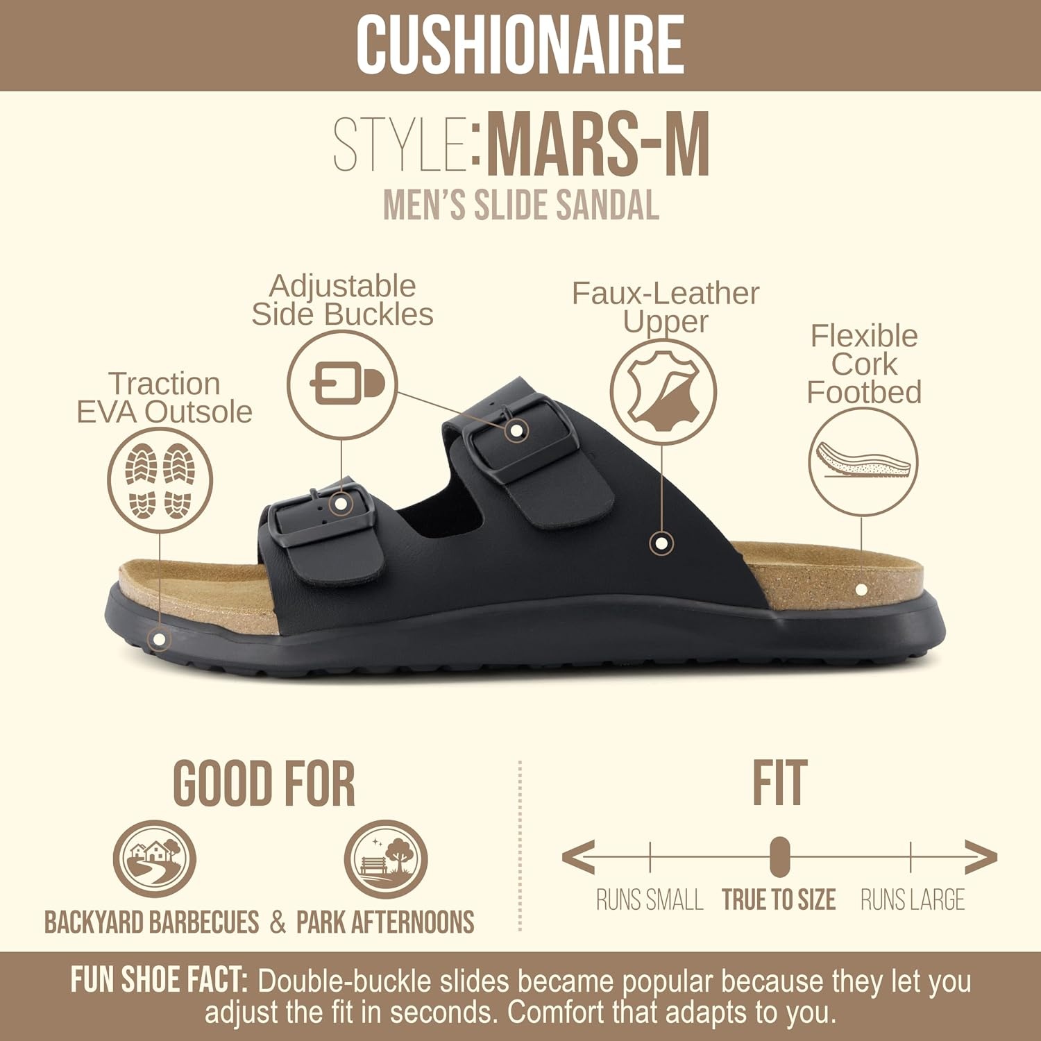 image:imageCUSHIONAIRE Mars Double Buckle Slide Sandals for Men with Cork FootbedBlack Nappa