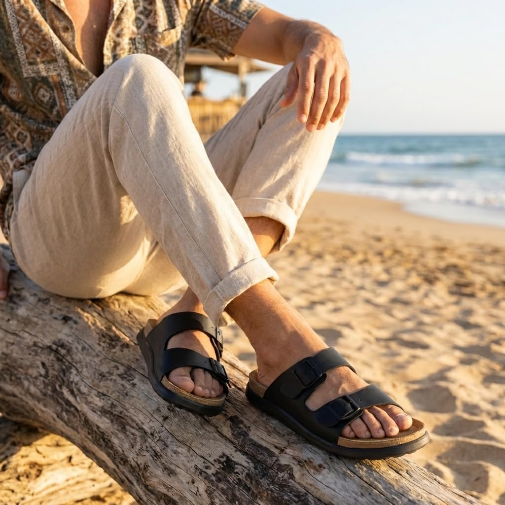 image:imageCUSHIONAIRE Mars Double Buckle Slide Sandals for Men with Cork FootbedBlack Nappa