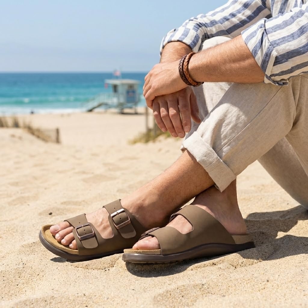image:imageCUSHIONAIRE Mars Double Buckle Slide Sandals for Men with Cork FootbedBrown