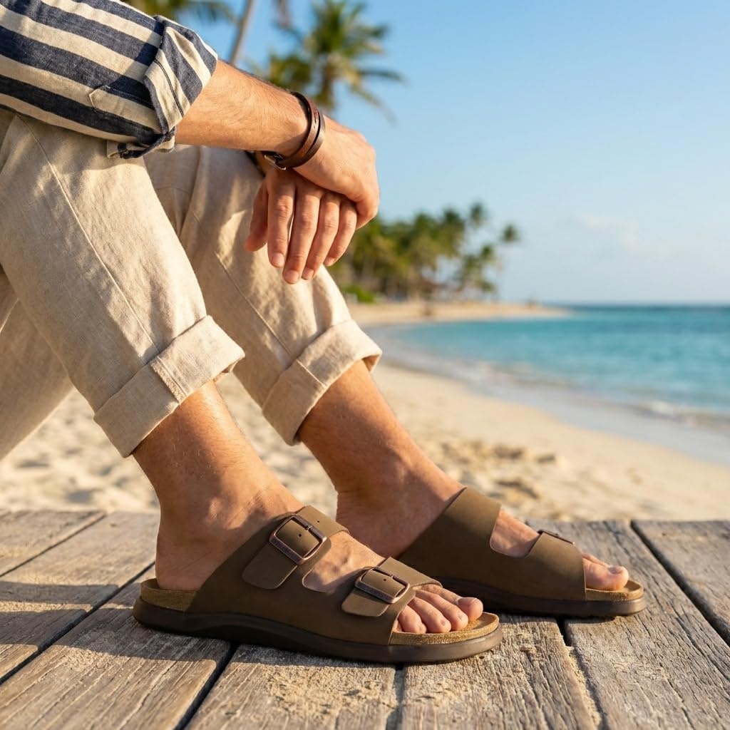 image:imageCUSHIONAIRE Mars Double Buckle Slide Sandals for Men with Cork FootbedBrown