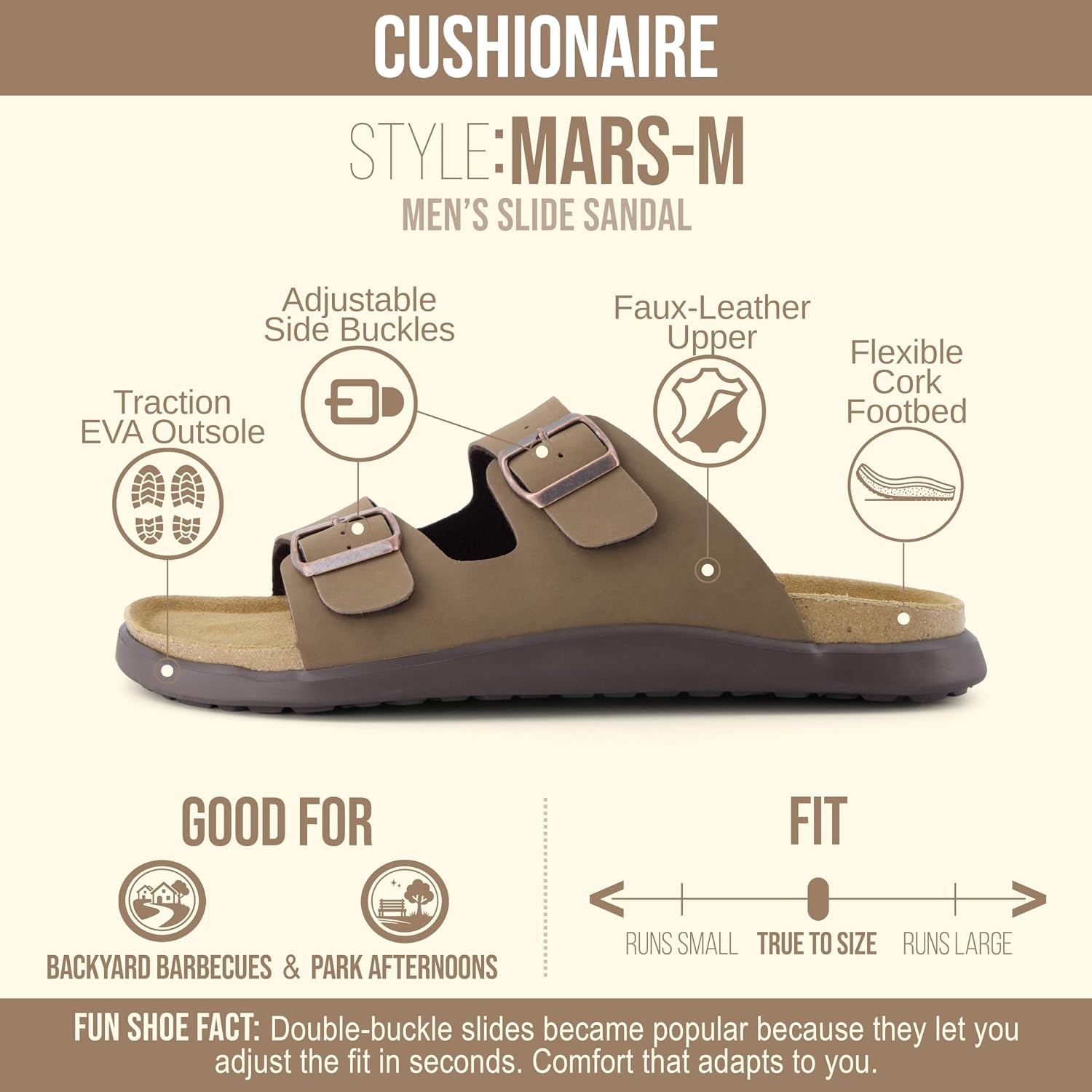 image:imageCUSHIONAIRE Mars Double Buckle Slide Sandals for Men with Cork FootbedBrown