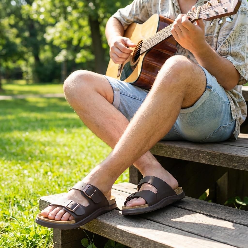 image:imageCUSHIONAIRE Mars Double Buckle Slide Sandals for Men with Cork FootbedBrown Nappa