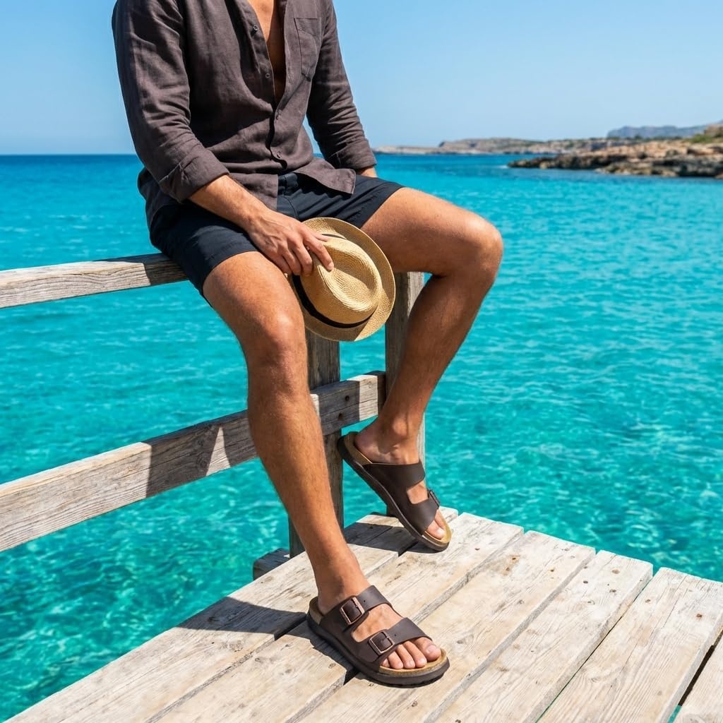 image:imageCUSHIONAIRE Mars Double Buckle Slide Sandals for Men with Cork FootbedBrown Nappa