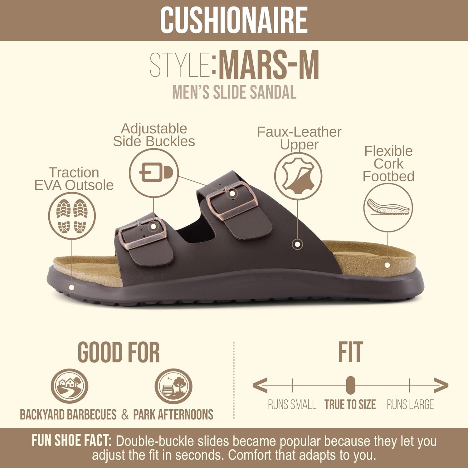 image:imageCUSHIONAIRE Mars Double Buckle Slide Sandals for Men with Cork FootbedBrown Nappa