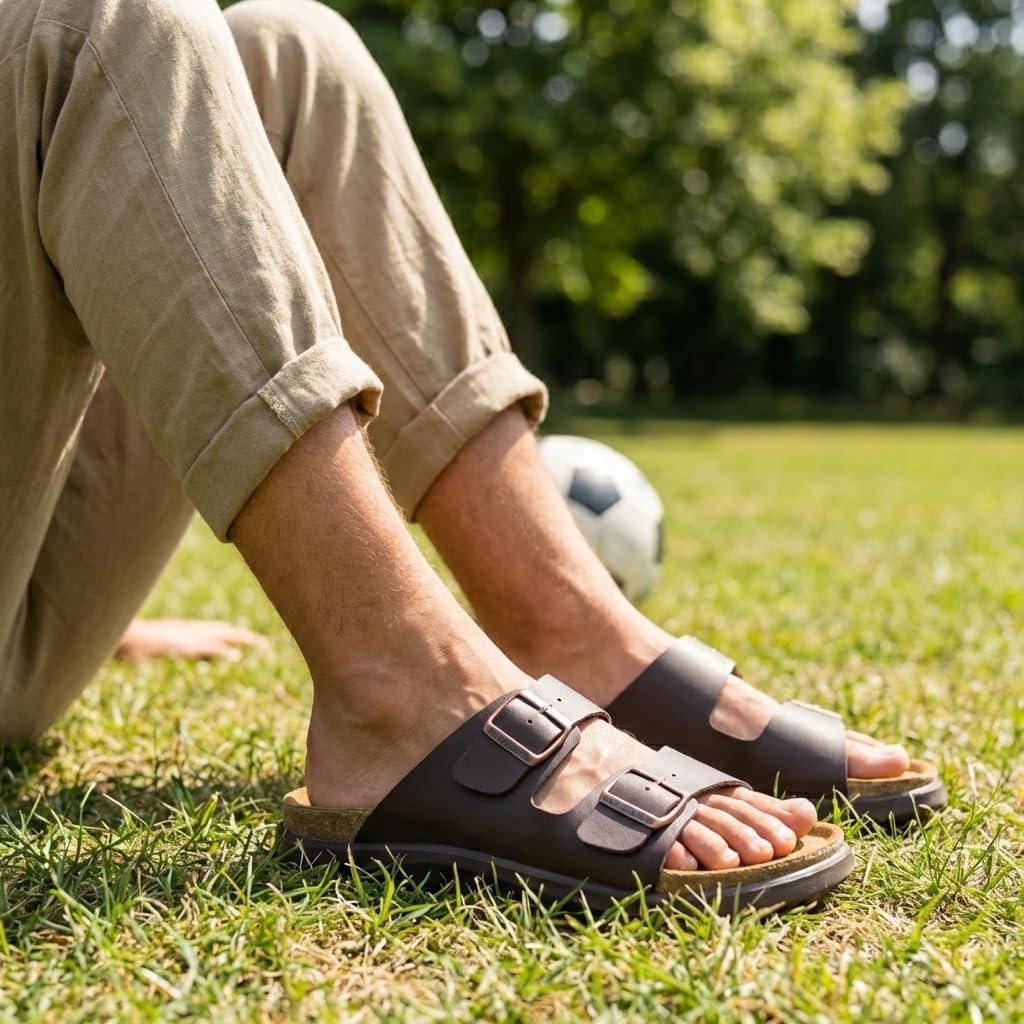 image:imageCUSHIONAIRE Mars Double Buckle Slide Sandals for Men with Cork FootbedBrown Nappa