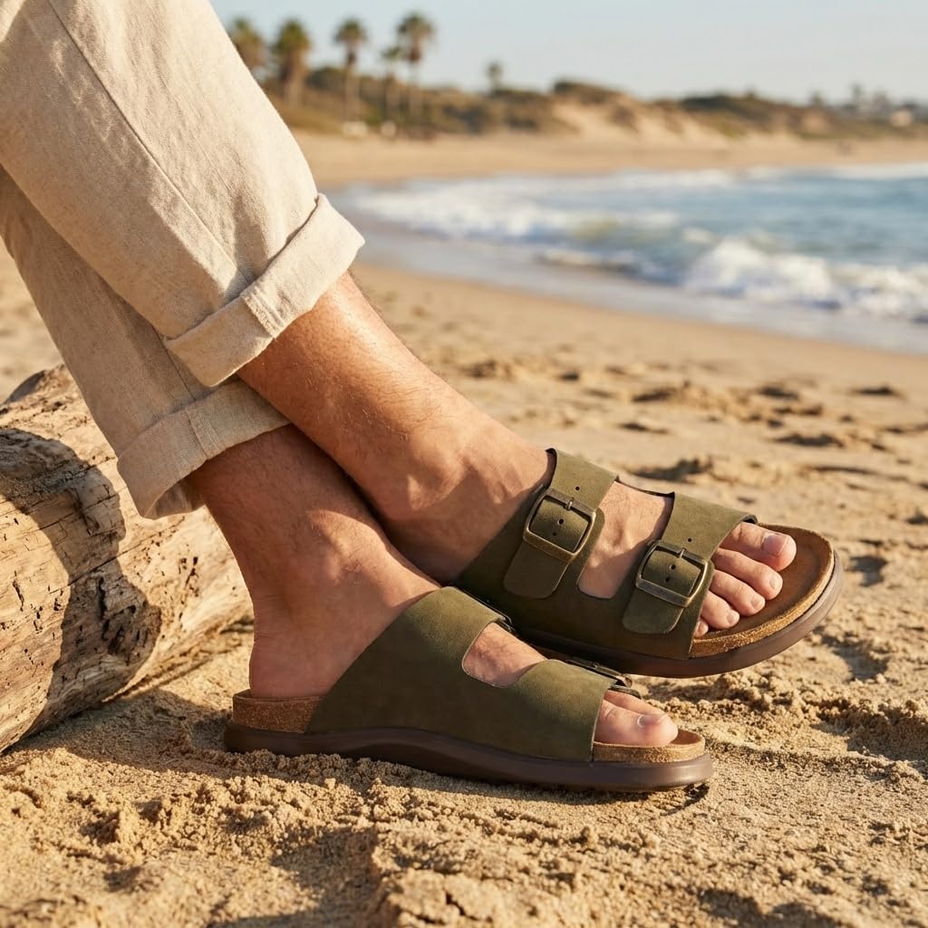 image:imageCUSHIONAIRE Mars Double Buckle Slide Sandals for Men with Cork FootbedGreen