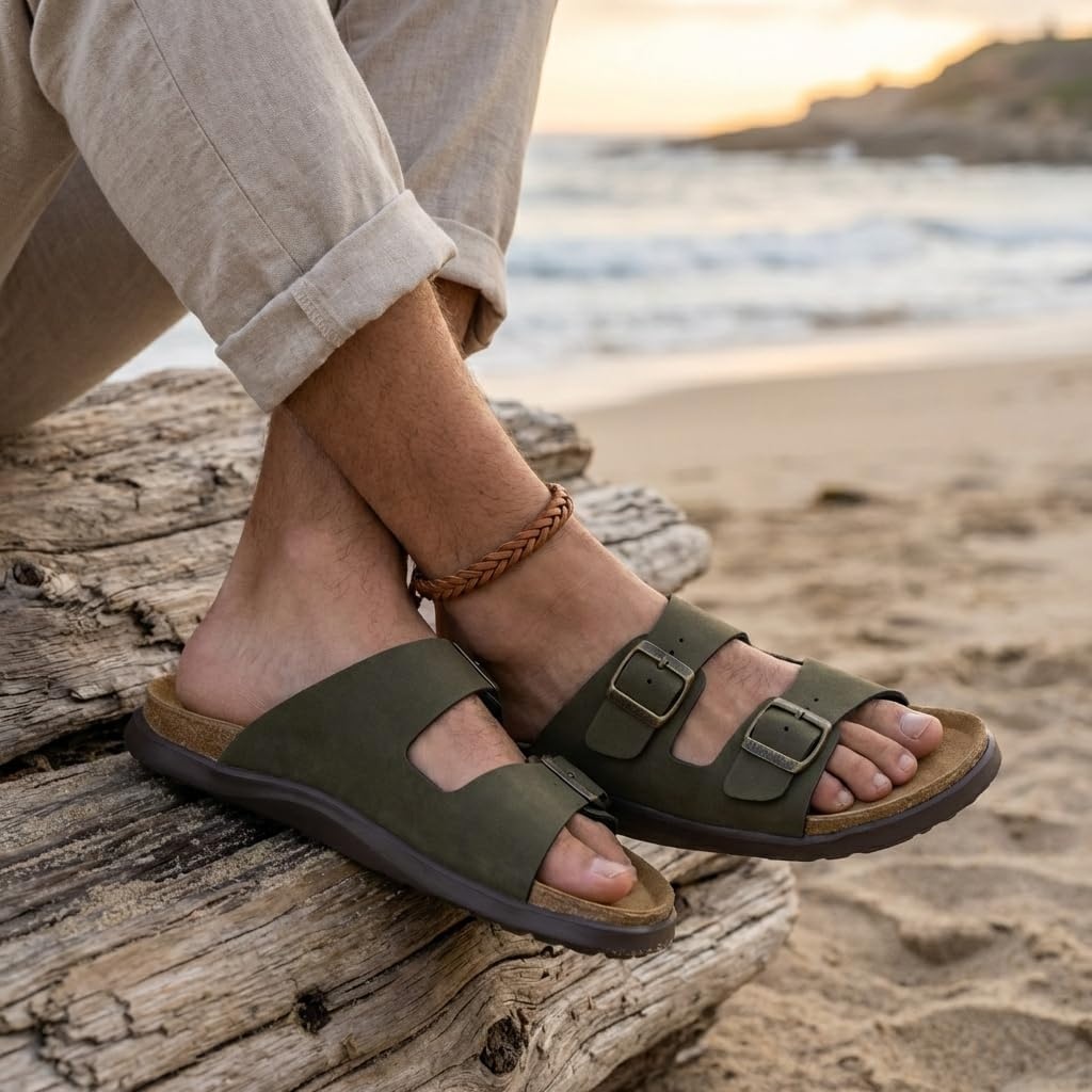 image:imageCUSHIONAIRE Mars Double Buckle Slide Sandals for Men with Cork FootbedGreen