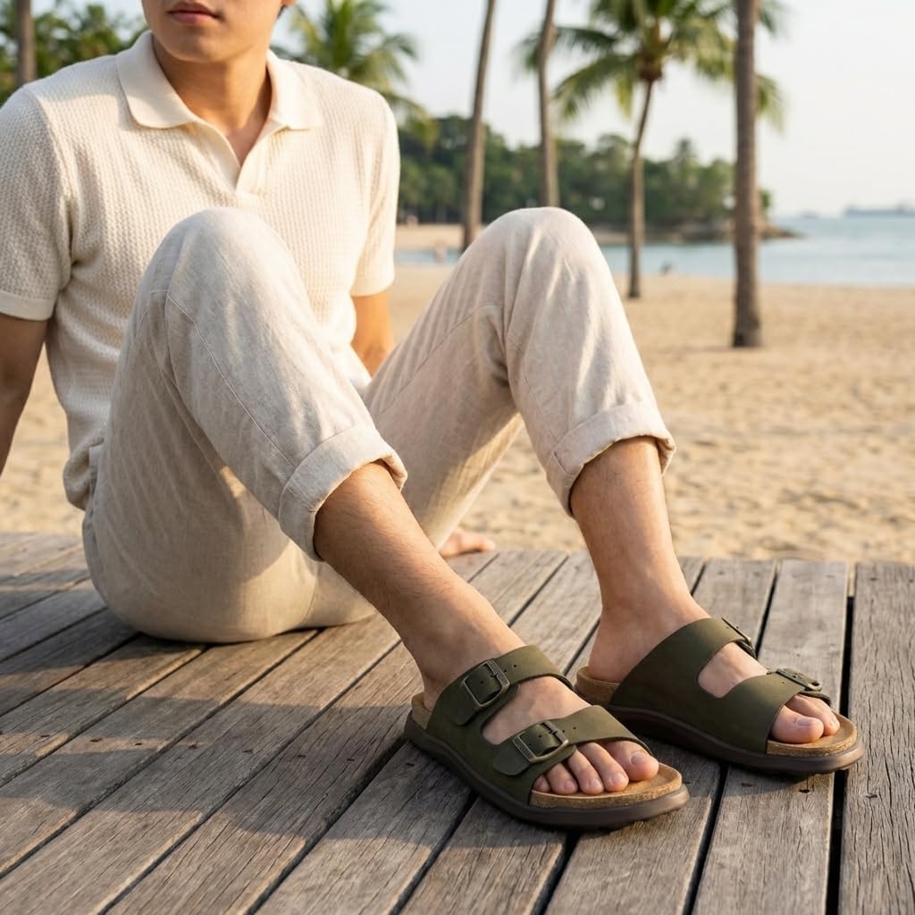 image:imageCUSHIONAIRE Mars Double Buckle Slide Sandals for Men with Cork FootbedGreen