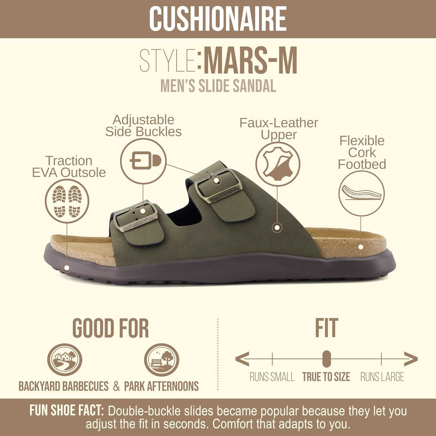 image:imageCUSHIONAIRE Mars Double Buckle Slide Sandals for Men with Cork FootbedGreen