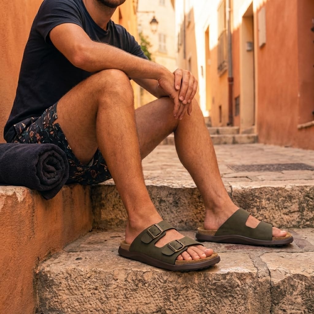 image:imageCUSHIONAIRE Mars Double Buckle Slide Sandals for Men with Cork FootbedGreen