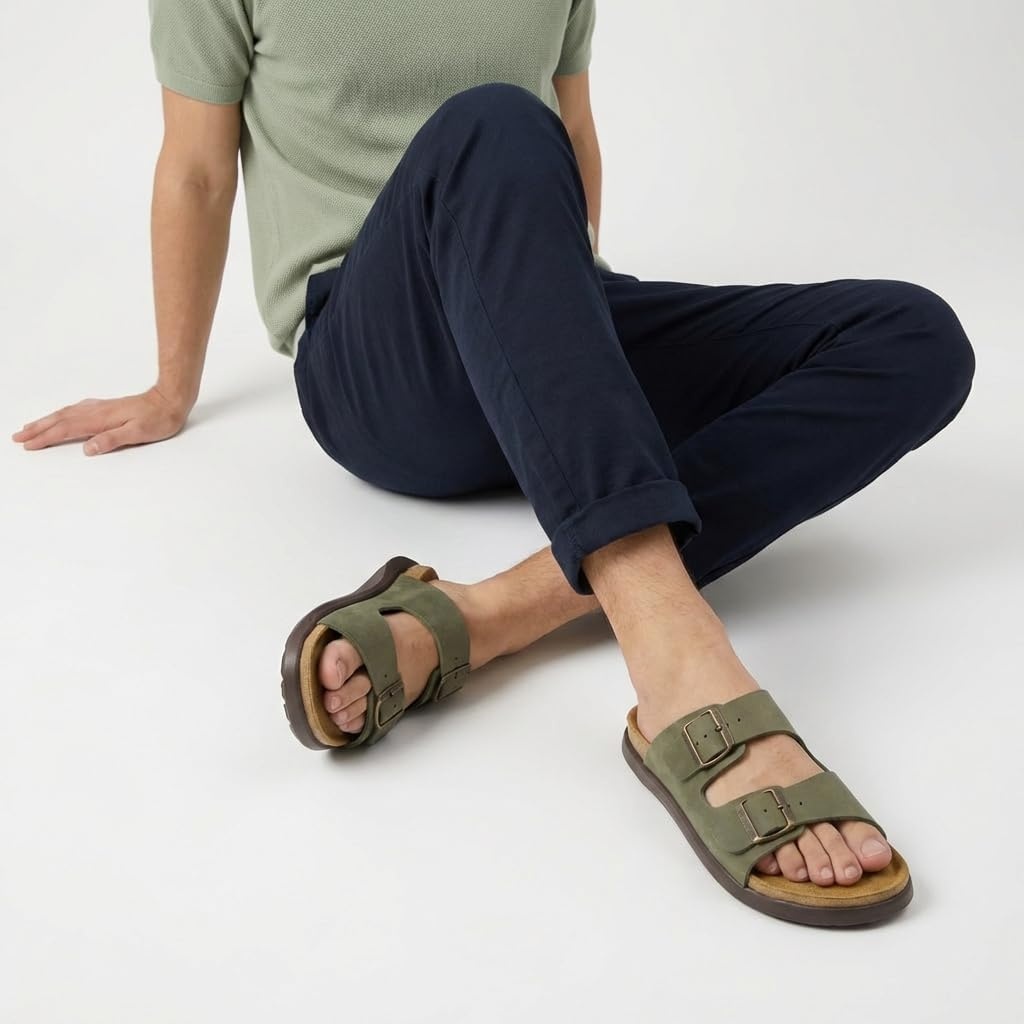 image:imageCUSHIONAIRE Mars Double Buckle Slide Sandals for Men with Cork FootbedGreen Texture