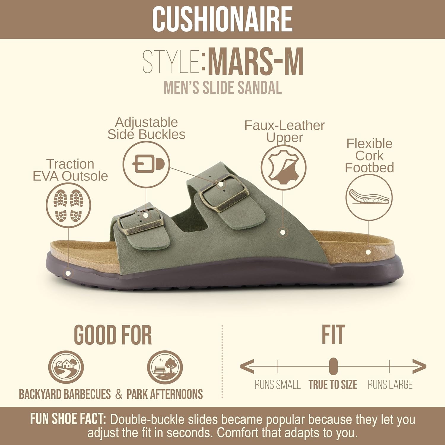 image:imageCUSHIONAIRE Mars Double Buckle Slide Sandals for Men with Cork FootbedGreen Texture