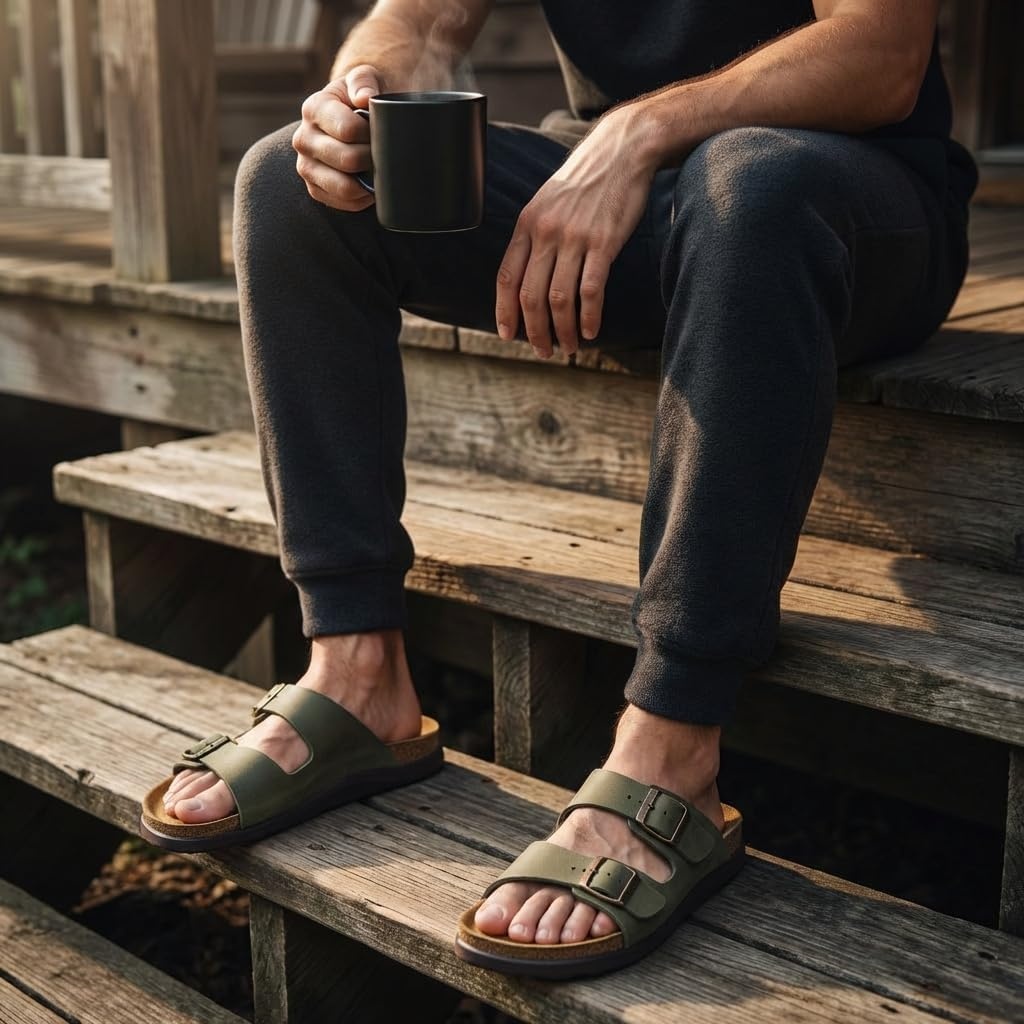 image:imageCUSHIONAIRE Mars Double Buckle Slide Sandals for Men with Cork FootbedGreen Texture