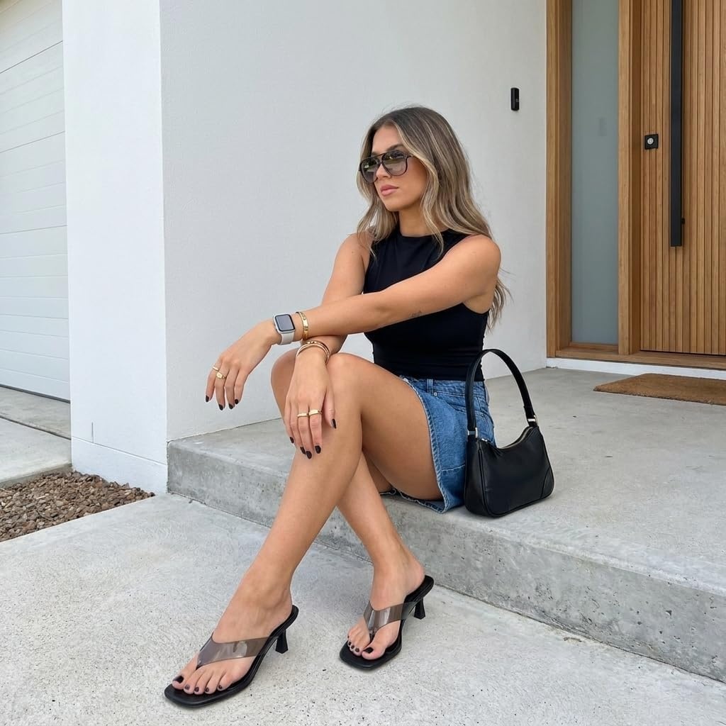 image:imageCUSHIONAIRE Mezzo Clear Strap Kitten Heels for Women Square Toe Flip Flop Sandal Heels with Memory Foam ComfortBlack