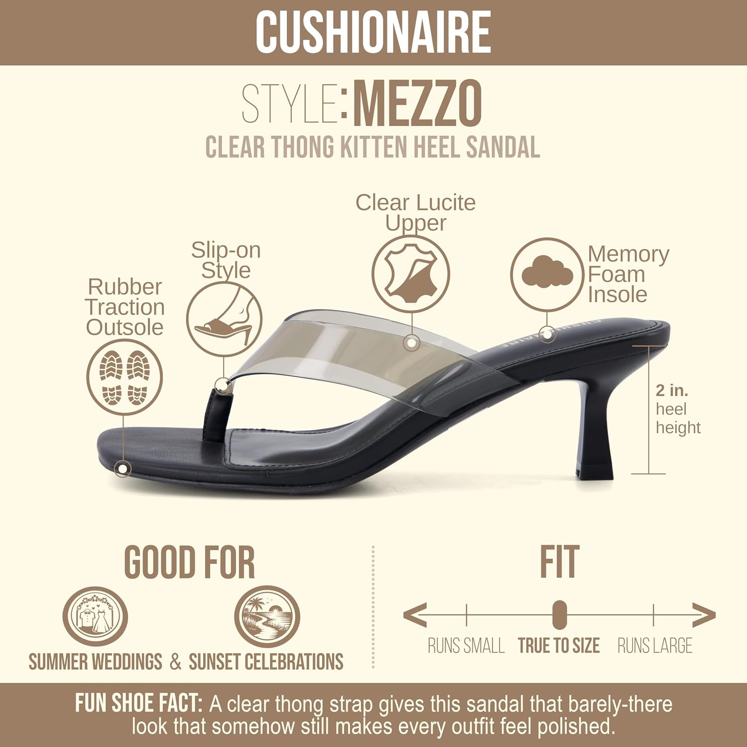 image:imageCUSHIONAIRE Mezzo Clear Strap Kitten Heels for Women Square Toe Flip Flop Sandal Heels with Memory Foam ComfortBlack