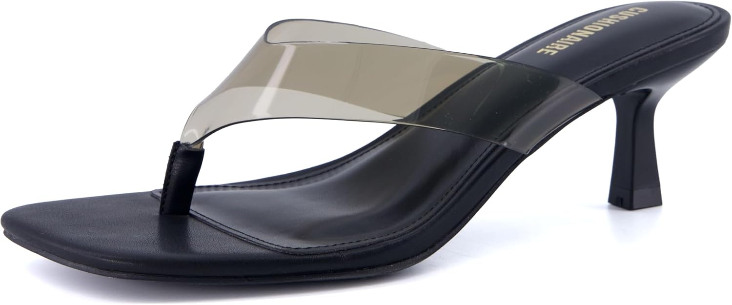 image:imageCUSHIONAIRE Mezzo Clear Strap Kitten Heels for Women Square Toe Flip Flop Sandal Heels with Memory Foam ComfortBlack