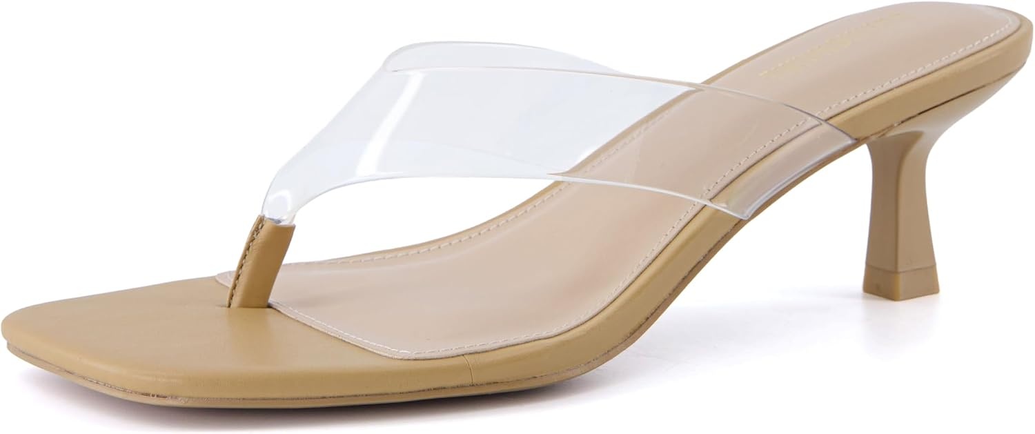 image:imageCUSHIONAIRE Mezzo Clear Strap Kitten Heels for Women Square Toe Flip Flop Sandal Heels with Memory Foam ComfortClear