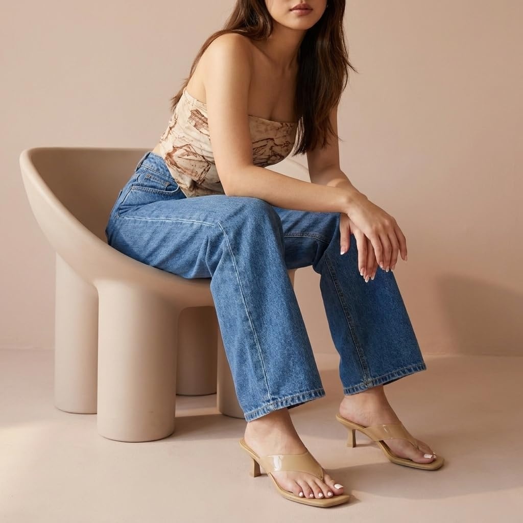 image:imageCUSHIONAIRE Mezzo Clear Strap Kitten Heels for Women Square Toe Flip Flop Sandal Heels with Memory Foam ComfortNude