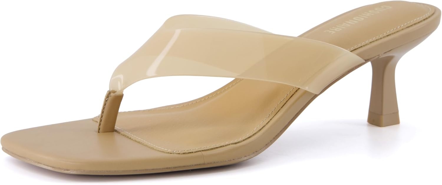 image:imageCUSHIONAIRE Mezzo Clear Strap Kitten Heels for Women Square Toe Flip Flop Sandal Heels with Memory Foam ComfortNude