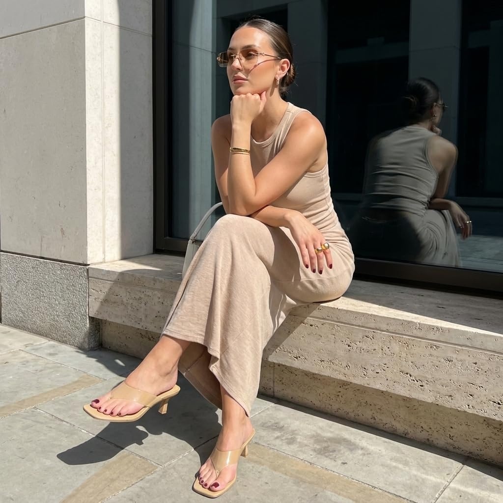 image:imageCUSHIONAIRE Mezzo Clear Strap Kitten Heels for Women Square Toe Flip Flop Sandal Heels with Memory Foam ComfortNude