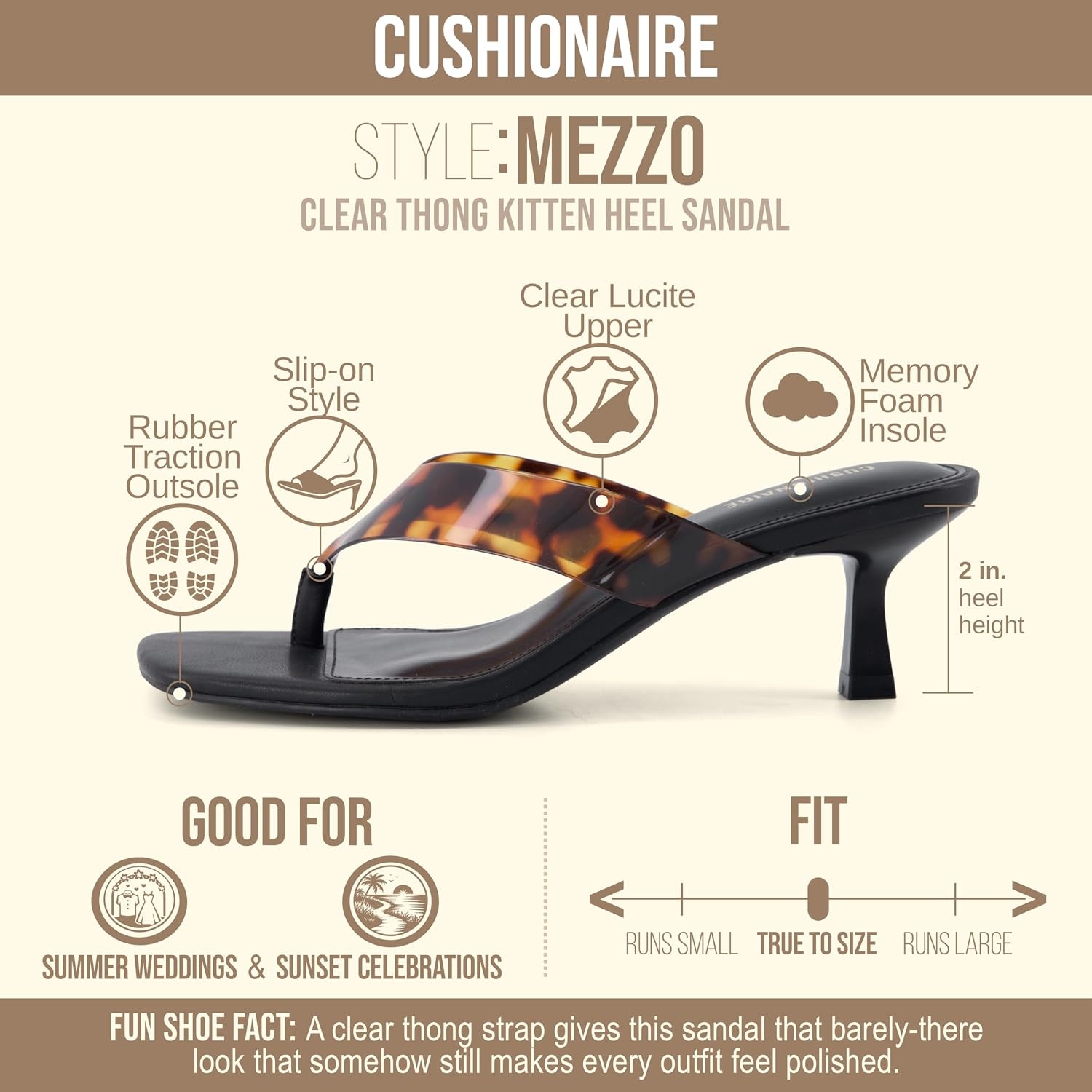 image:imageCUSHIONAIRE Mezzo Clear Strap Kitten Heels for Women Square Toe Flip Flop Sandal Heels with Memory Foam ComfortTortoise