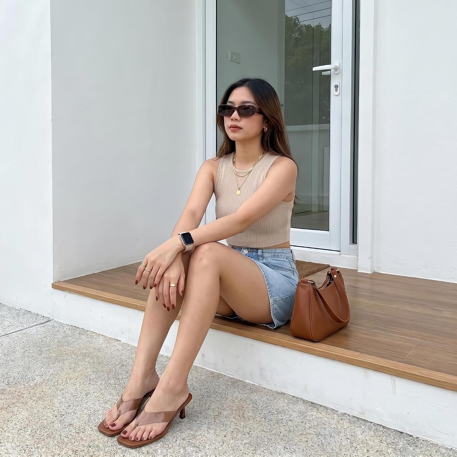 image:imageCUSHIONAIRE Mezzo Clear Strap Kitten Heels for Women Square Toe Flip Flop Sandal Heels with Memory Foam ComfortWhiskey