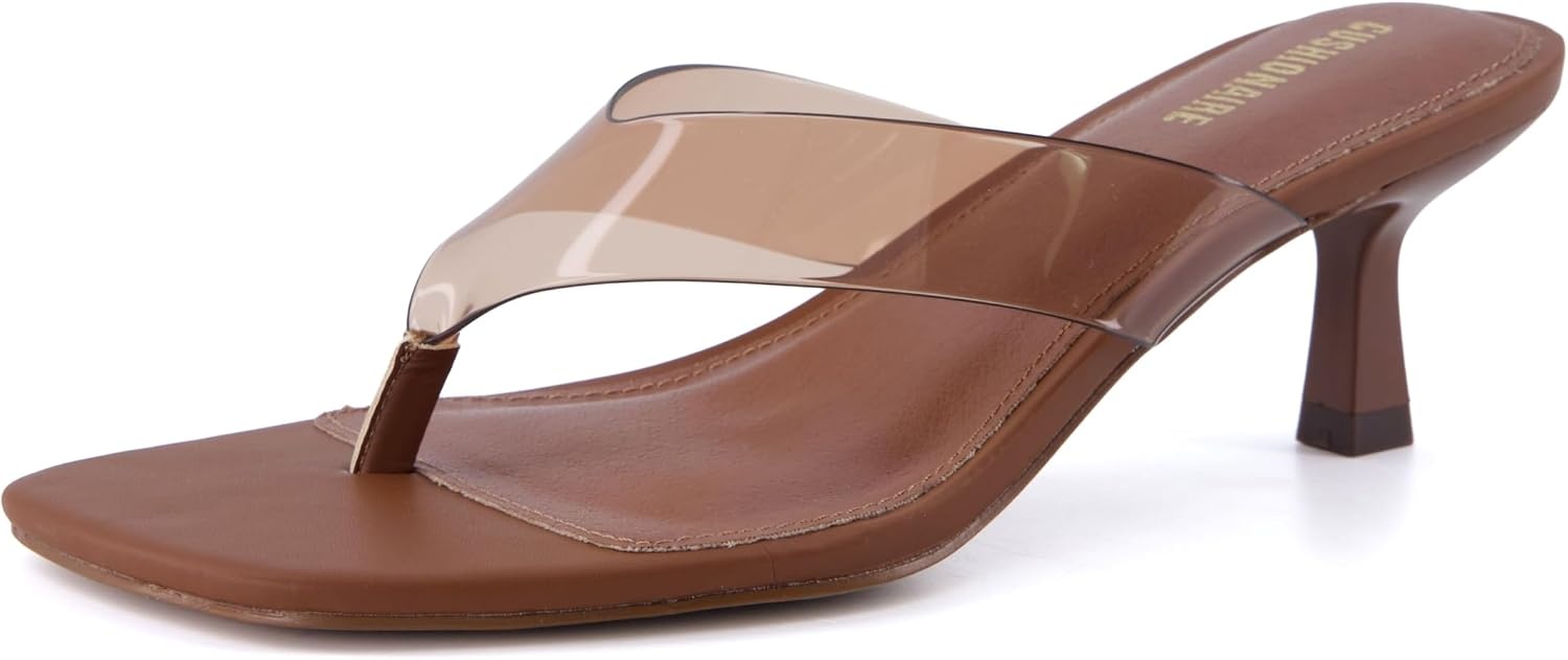 image:imageCUSHIONAIRE Mezzo Clear Strap Kitten Heels for Women Square Toe Flip Flop Sandal Heels with Memory Foam ComfortWhiskey