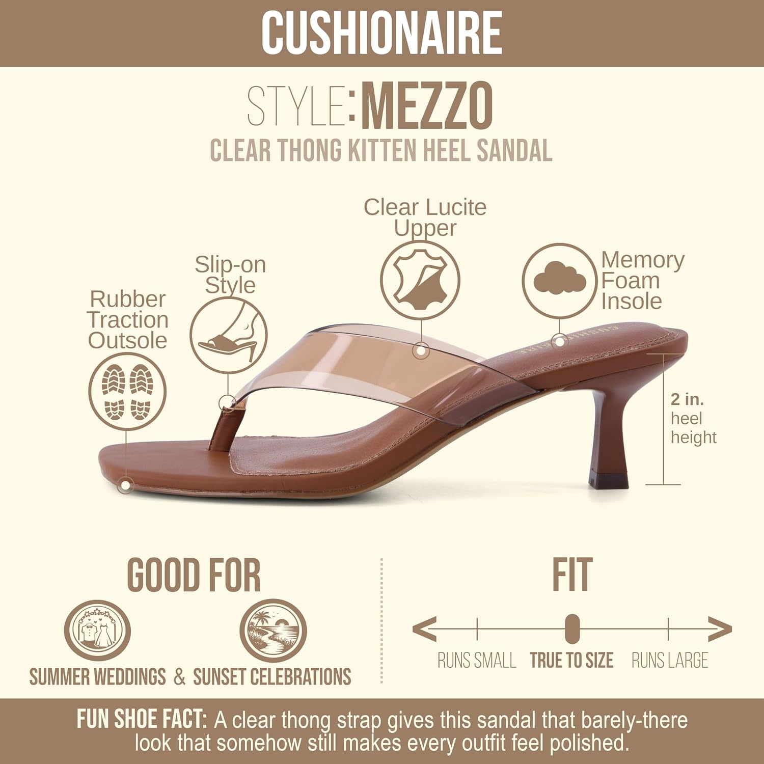 image:imageCUSHIONAIRE Mezzo Clear Strap Kitten Heels for Women Square Toe Flip Flop Sandal Heels with Memory Foam ComfortWhiskey