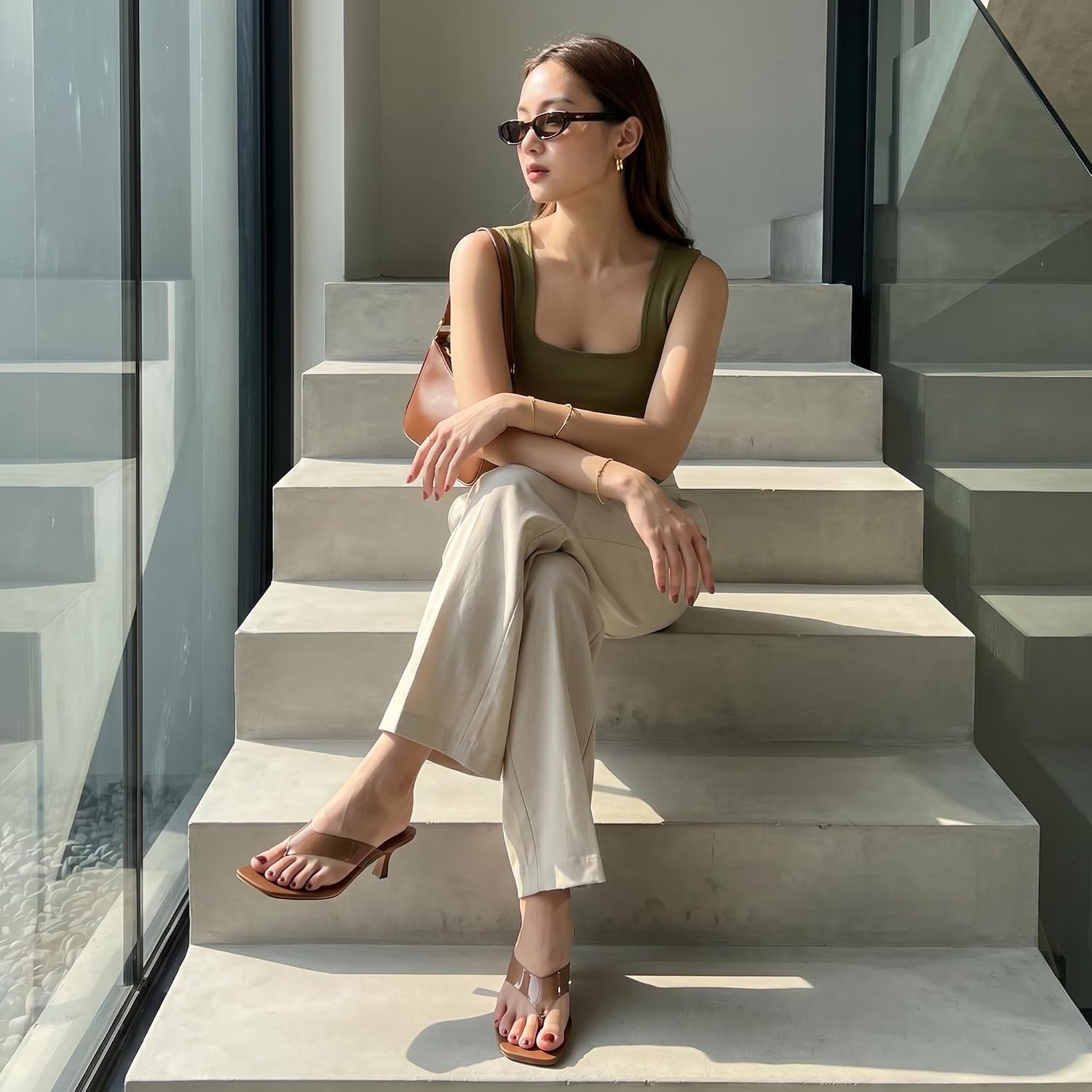 image:imageCUSHIONAIRE Mezzo Clear Strap Kitten Heels for Women Square Toe Flip Flop Sandal Heels with Memory Foam ComfortWhiskey