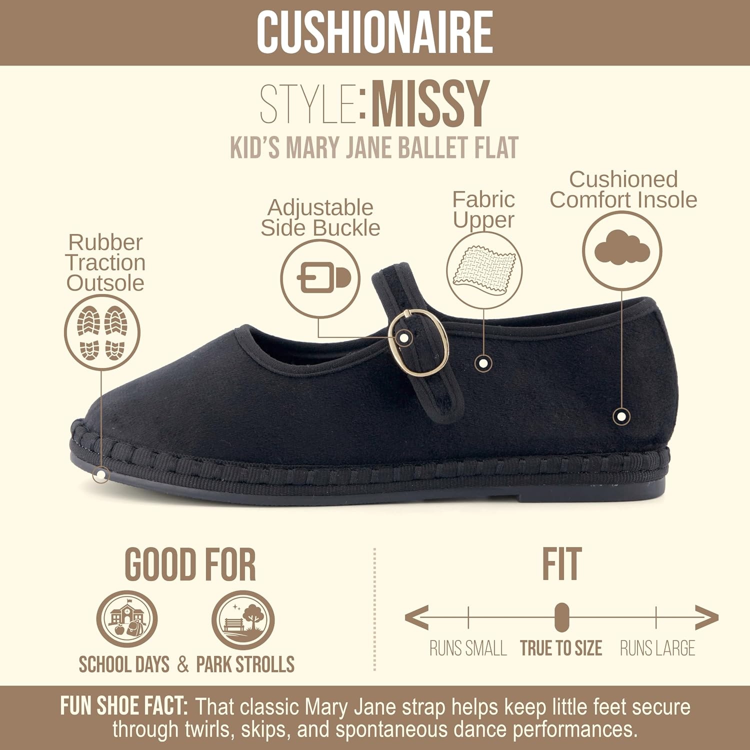 image:imageCUSHIONAIRE Missy Kids Mary Jane Flats School Shoes for Girls with Adjustable BuckleBlack