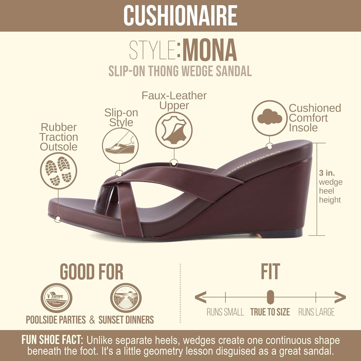 image:imageCUSHIONAIRE Mona SlipOn Lightweight Womens Sandals Comfortable Wedge Flip Flops for Women with Crossover StrapBrown