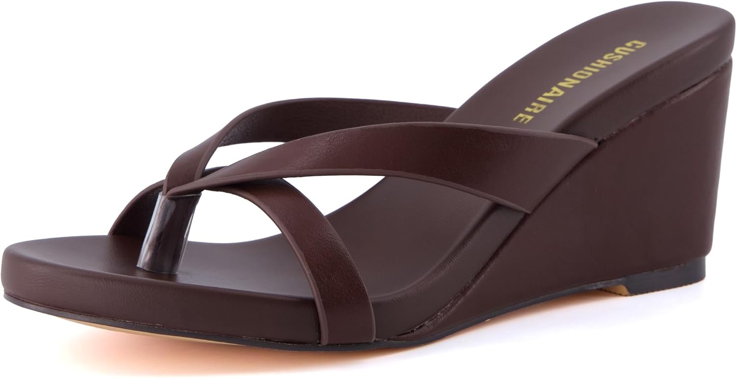 image:imageCUSHIONAIRE Mona SlipOn Lightweight Womens Sandals Comfortable Wedge Flip Flops for Women with Crossover StrapBrown