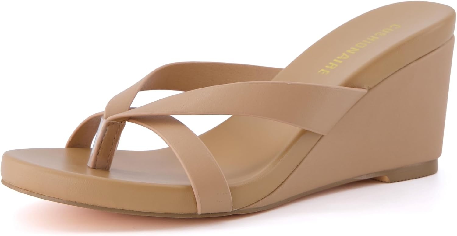 image:imageCUSHIONAIRE Mona SlipOn Lightweight Womens Sandals Comfortable Wedge Flip Flops for Women with Crossover StrapTan