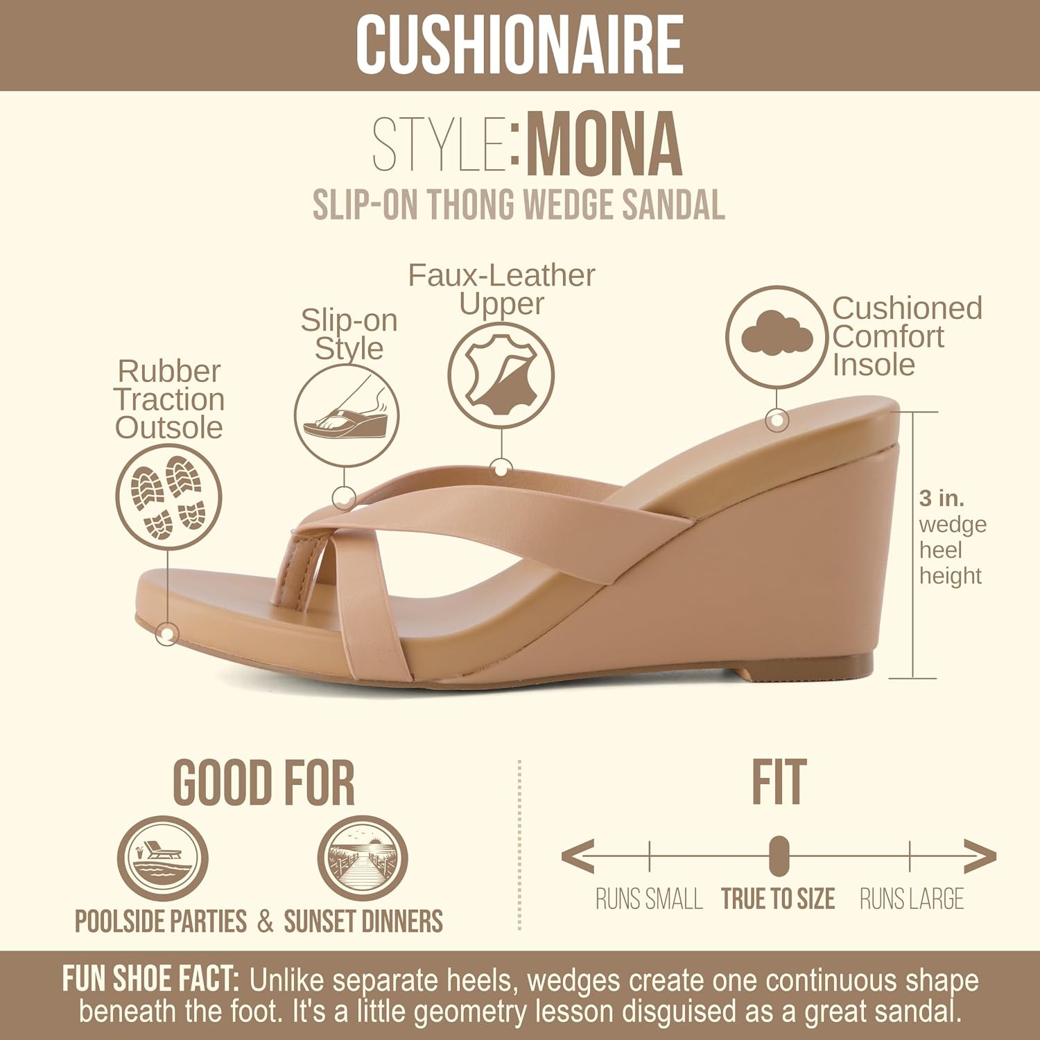 image:imageCUSHIONAIRE Mona SlipOn Lightweight Womens Sandals Comfortable Wedge Flip Flops for Women with Crossover StrapTan