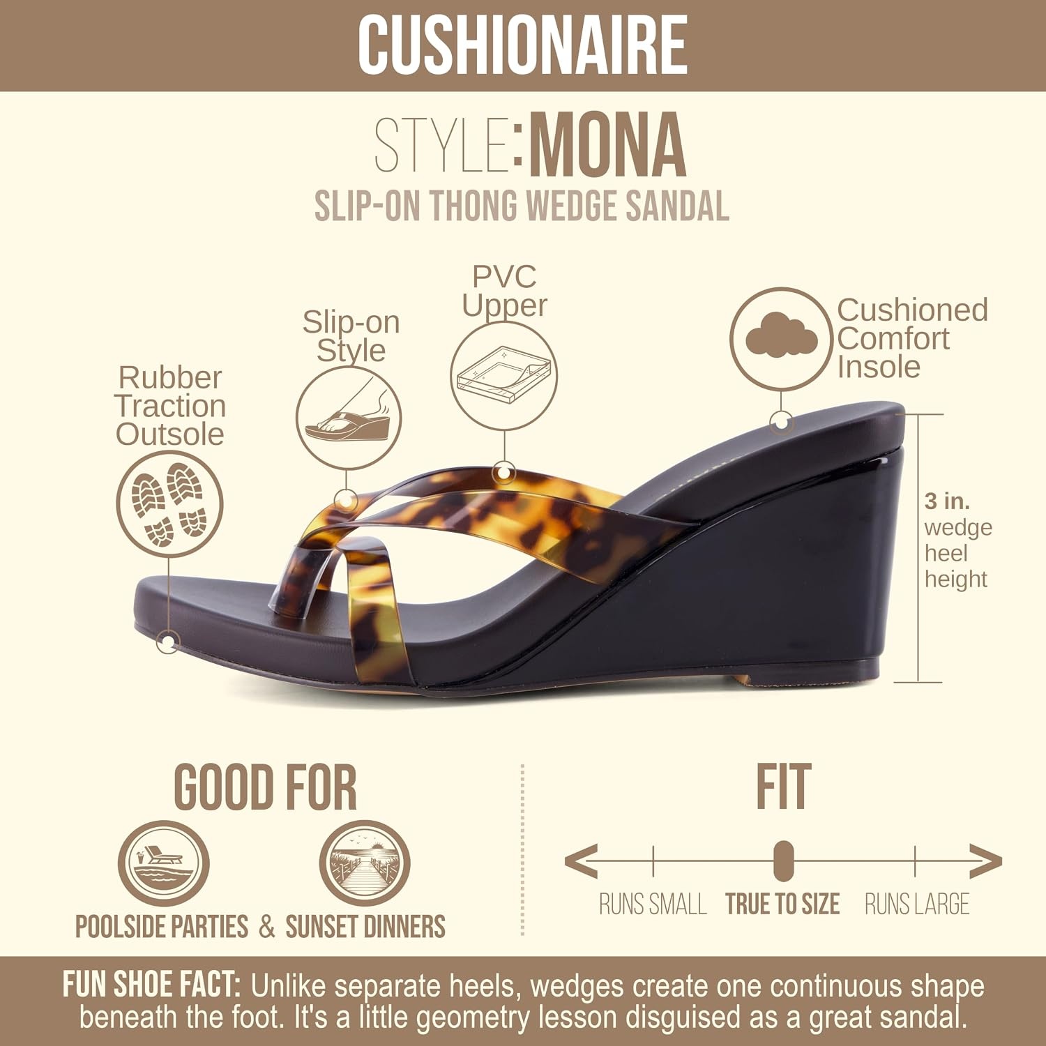 image:imageCUSHIONAIRE Mona SlipOn Lightweight Womens Sandals Comfortable Wedge Flip Flops for Women with Crossover StrapTortoise