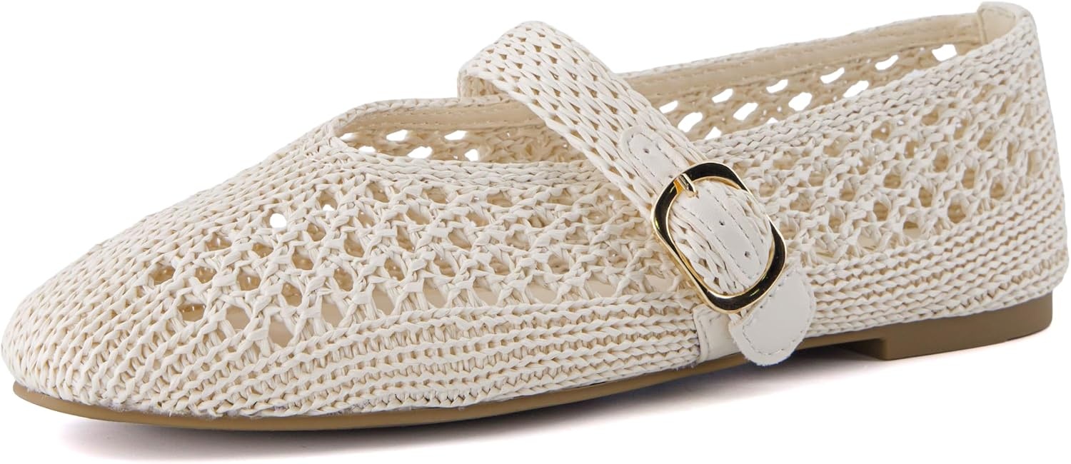 image:imageCUSHIONAIRE Monet Woven Mary Jane Flats for Women Comfortable Ballet Flats with Adjustable GoldTone Buckle Strap and Memory Foam CushioningCream