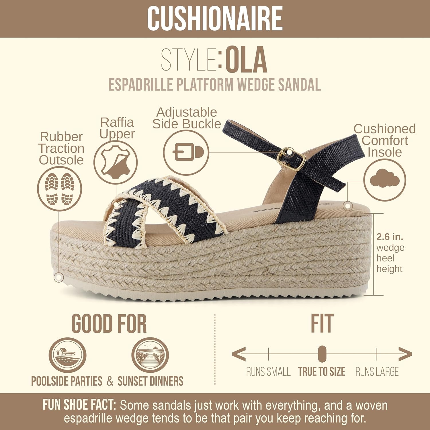 image:imageCUSHIONAIRE Ola Raffia Espadrille Platform Sandals for Women Casual Open Toe Adjustable Ankle Strap Womens SandalsBlack