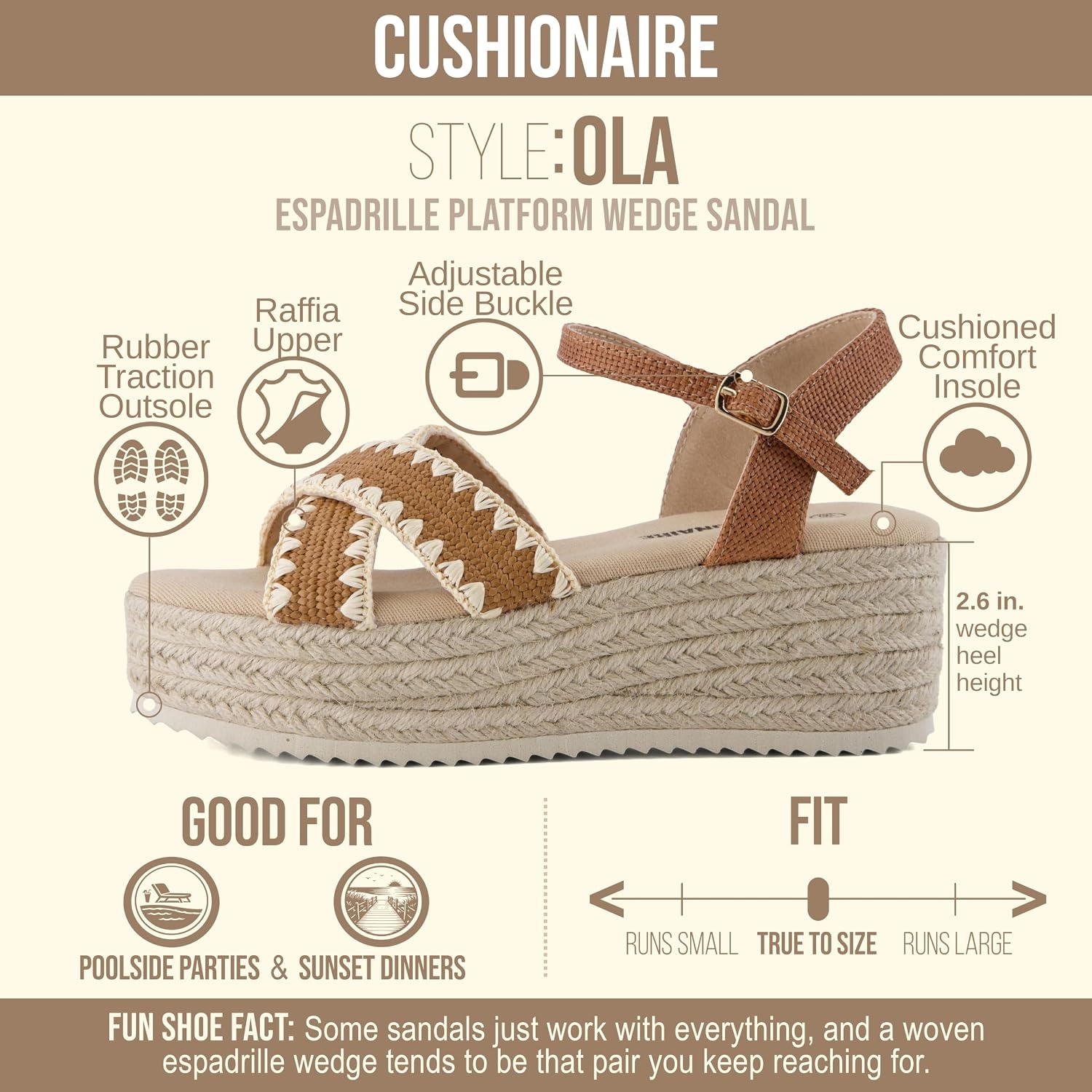 image:imageCUSHIONAIRE Ola Raffia Espadrille Platform Sandals for Women Casual Open Toe Adjustable Ankle Strap Womens SandalsBrown