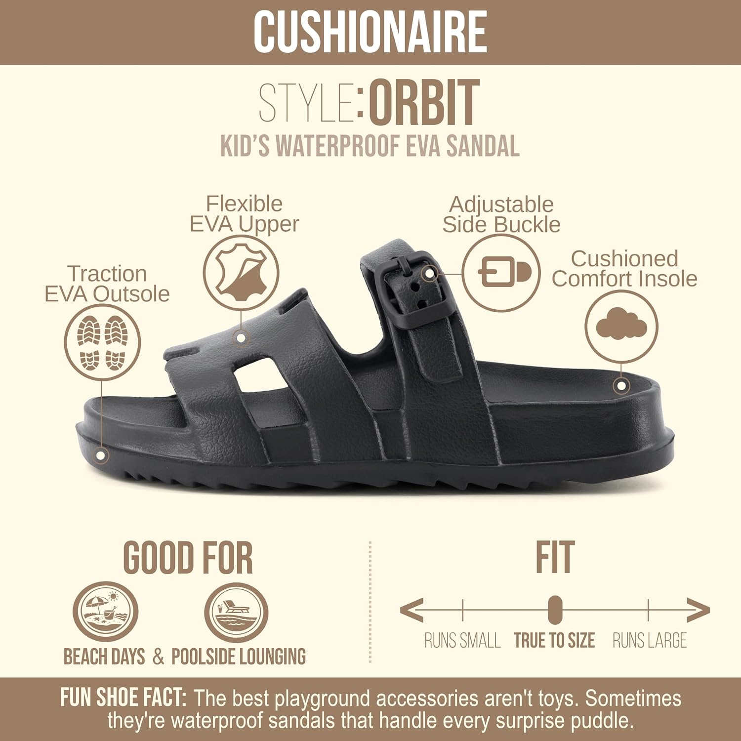 image:imageCUSHIONAIRE Orbit Kids Sandals Lightweight Waterproof EVA Slides with Adjustable Buckle Everyday Casual Comfort Girls SandalsBlack