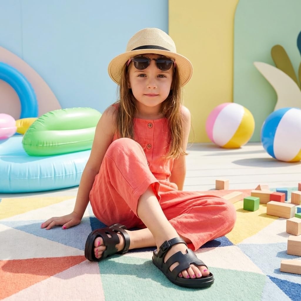 image:imageCUSHIONAIRE Orbit Kids Sandals Lightweight Waterproof EVA Slides with Adjustable Buckle Everyday Casual Comfort Girls SandalsBlack
