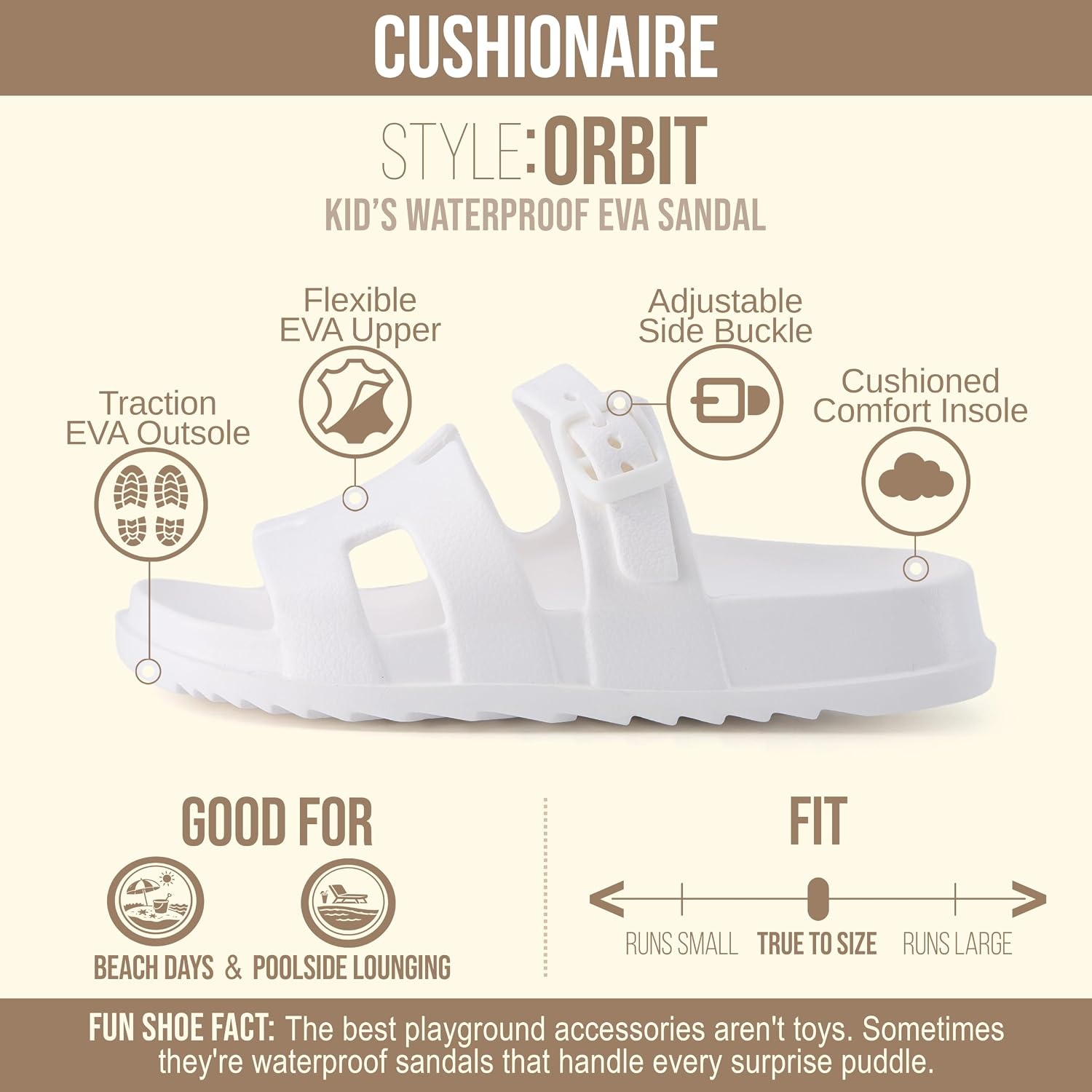 image:imageCUSHIONAIRE Orbit Kids Sandals Lightweight Waterproof EVA Slides with Adjustable Buckle Everyday Casual Comfort Girls SandalsVanilla