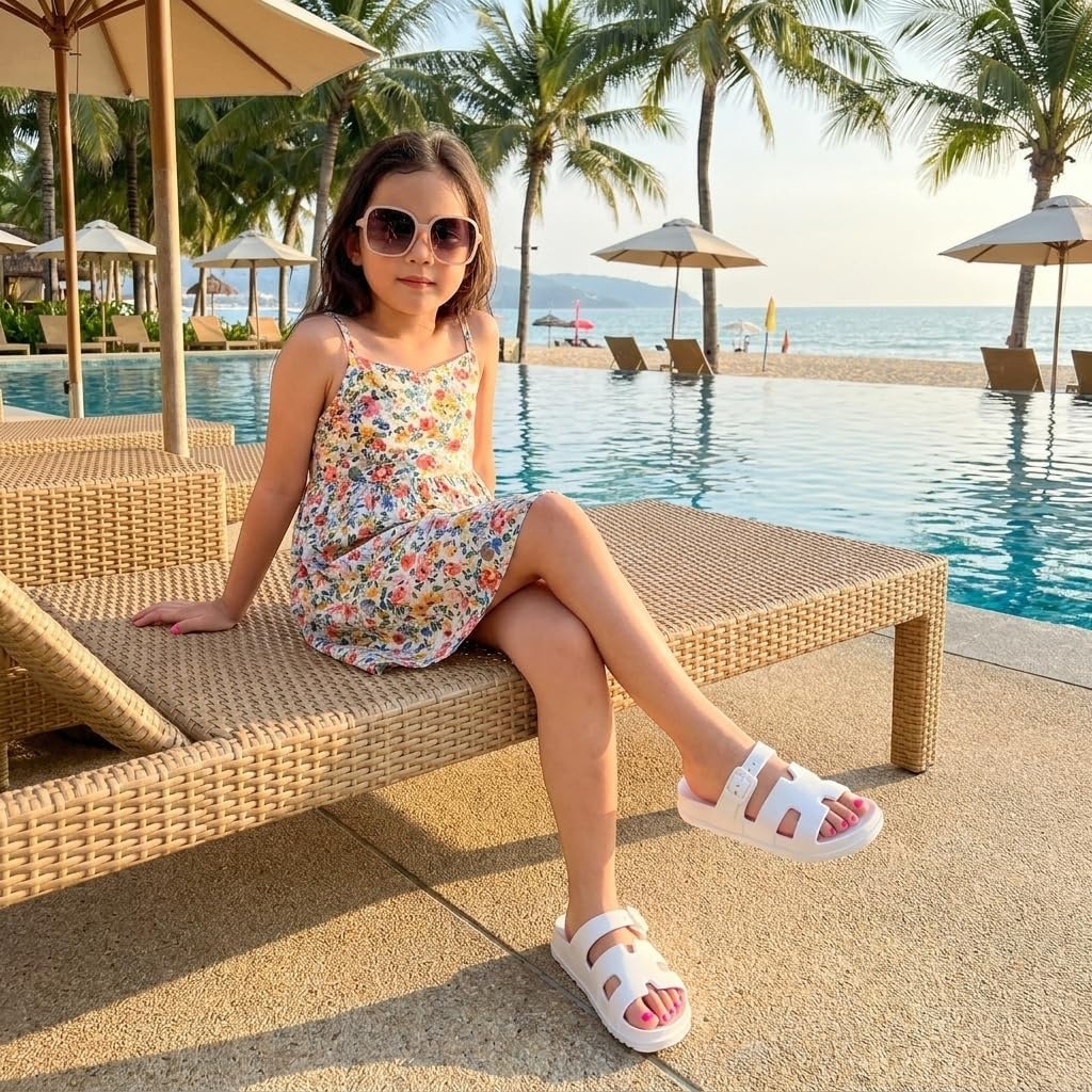 image:imageCUSHIONAIRE Orbit Kids Sandals Lightweight Waterproof EVA Slides with Adjustable Buckle Everyday Casual Comfort Girls SandalsVanilla
