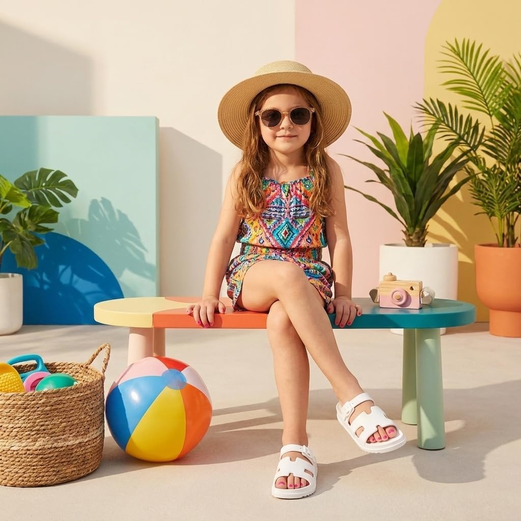 image:imageCUSHIONAIRE Orbit Kids Sandals Lightweight Waterproof EVA Slides with Adjustable Buckle Everyday Casual Comfort Girls SandalsVanilla