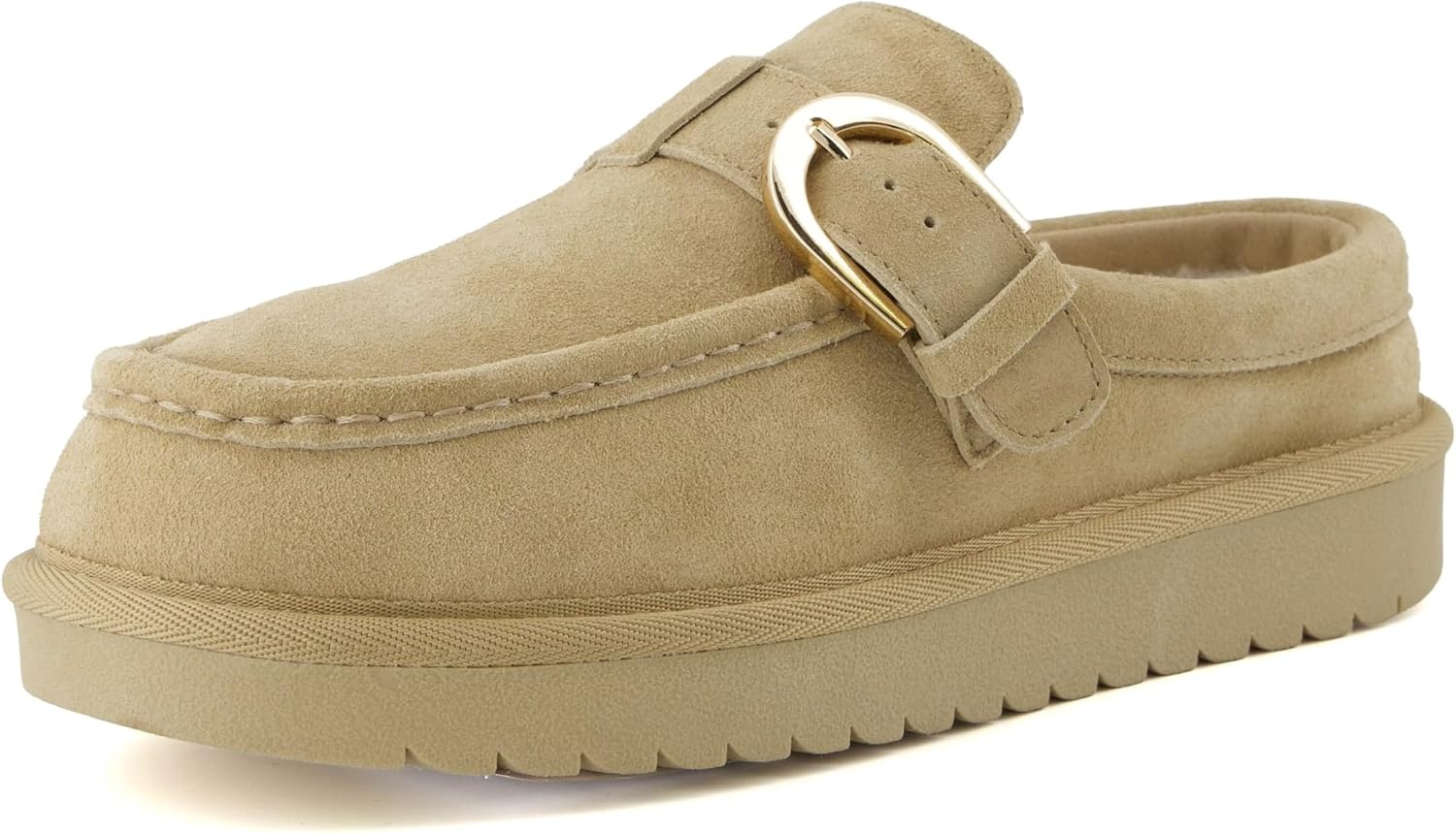 image:imageCUSHIONAIRE Origin Genuine Suede Mule Clogs for Women Cozy SlipOn Moc Toe Loafer with Buckle and Faux Fur Cushioned FootbedBiscuit