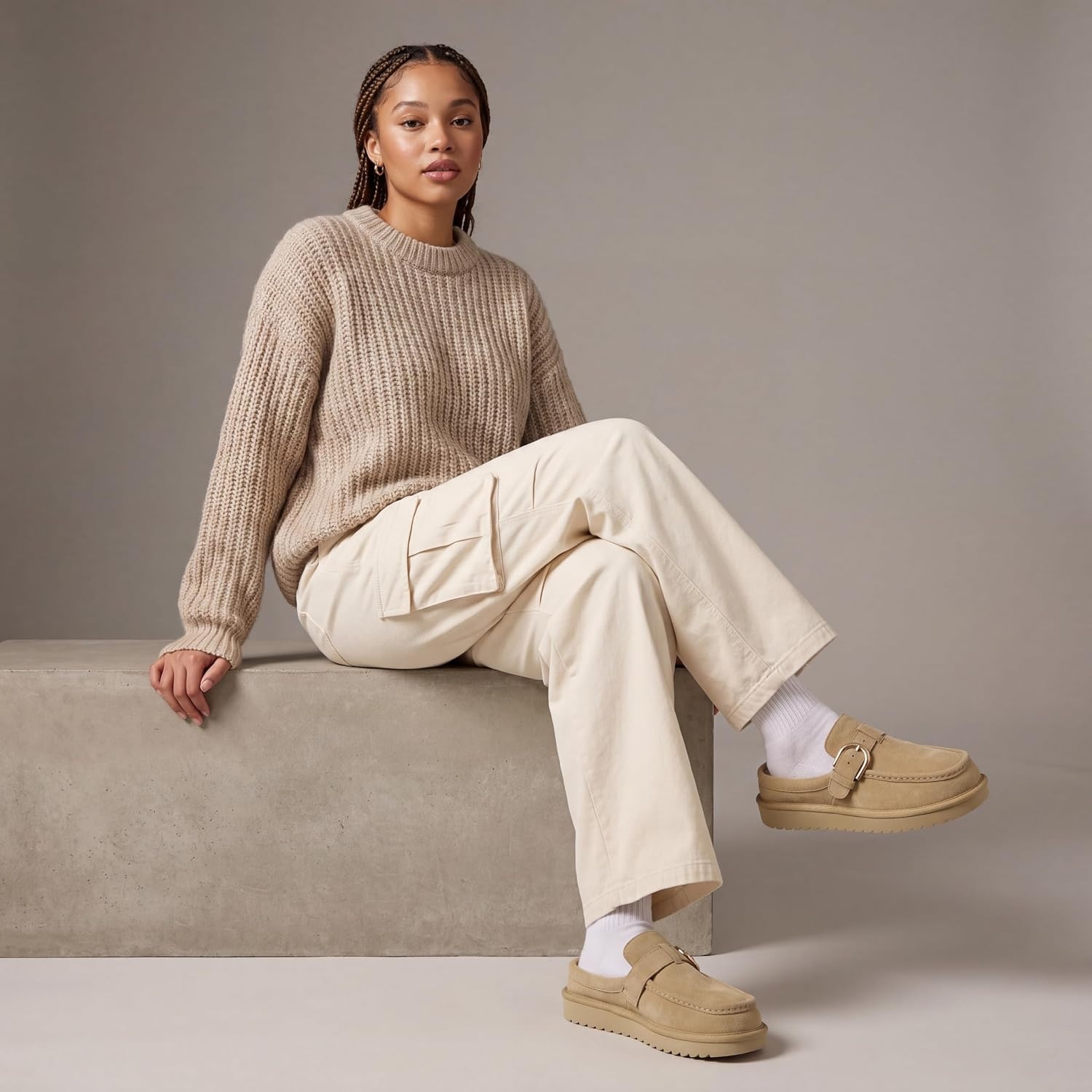 image:imageCUSHIONAIRE Origin Genuine Suede Mule Clogs for Women Cozy SlipOn Moc Toe Loafer with Buckle and Faux Fur Cushioned FootbedBiscuit