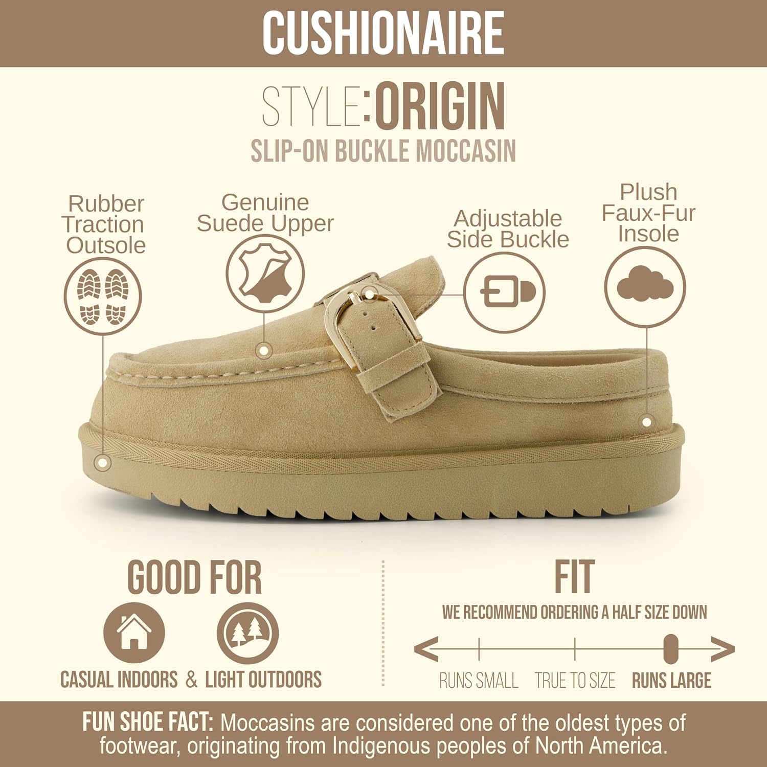 image:imageCUSHIONAIRE Origin Genuine Suede Mule Clogs for Women Cozy SlipOn Moc Toe Loafer with Buckle and Faux Fur Cushioned FootbedBiscuit