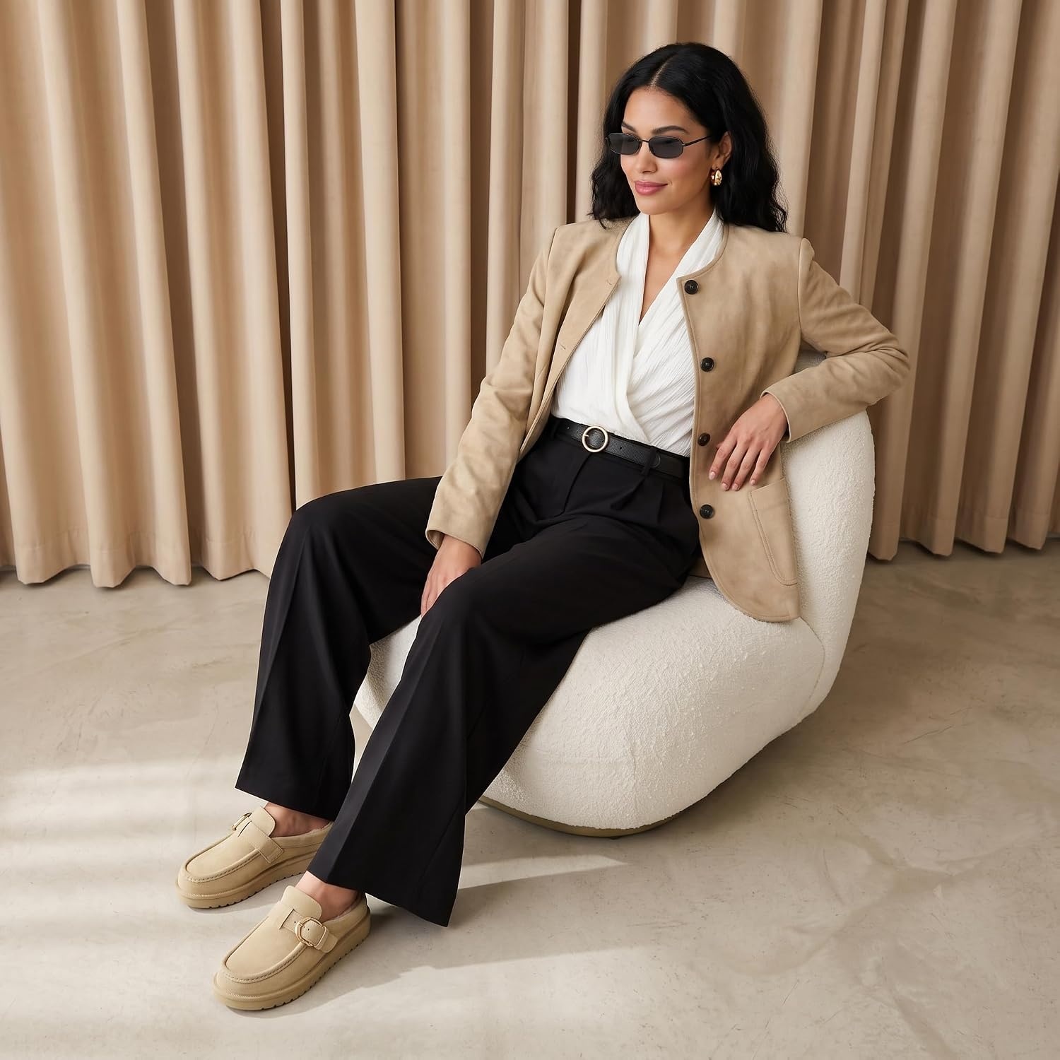 image:imageCUSHIONAIRE Origin Genuine Suede Mule Clogs for Women Cozy SlipOn Moc Toe Loafer with Buckle and Faux Fur Cushioned FootbedBiscuit
